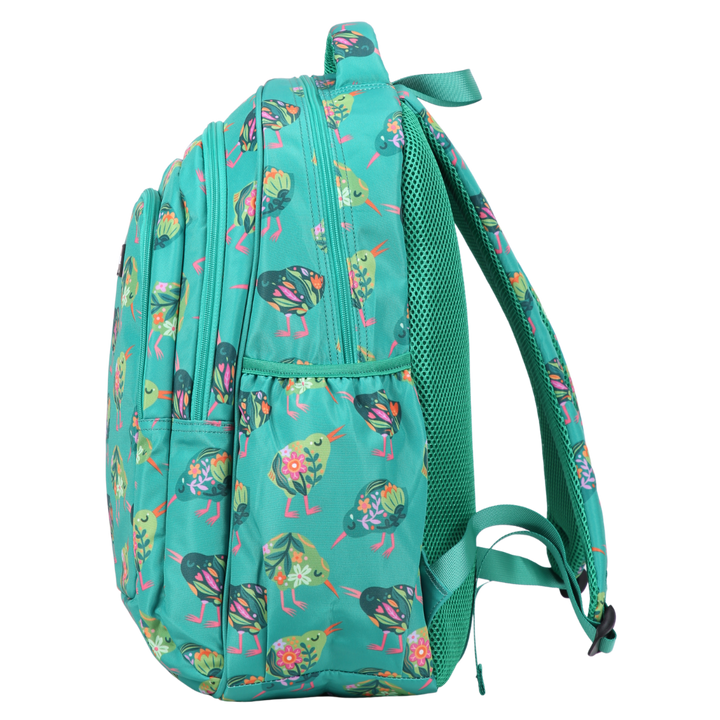 Teal backpack with colorful bird pattern on a white background