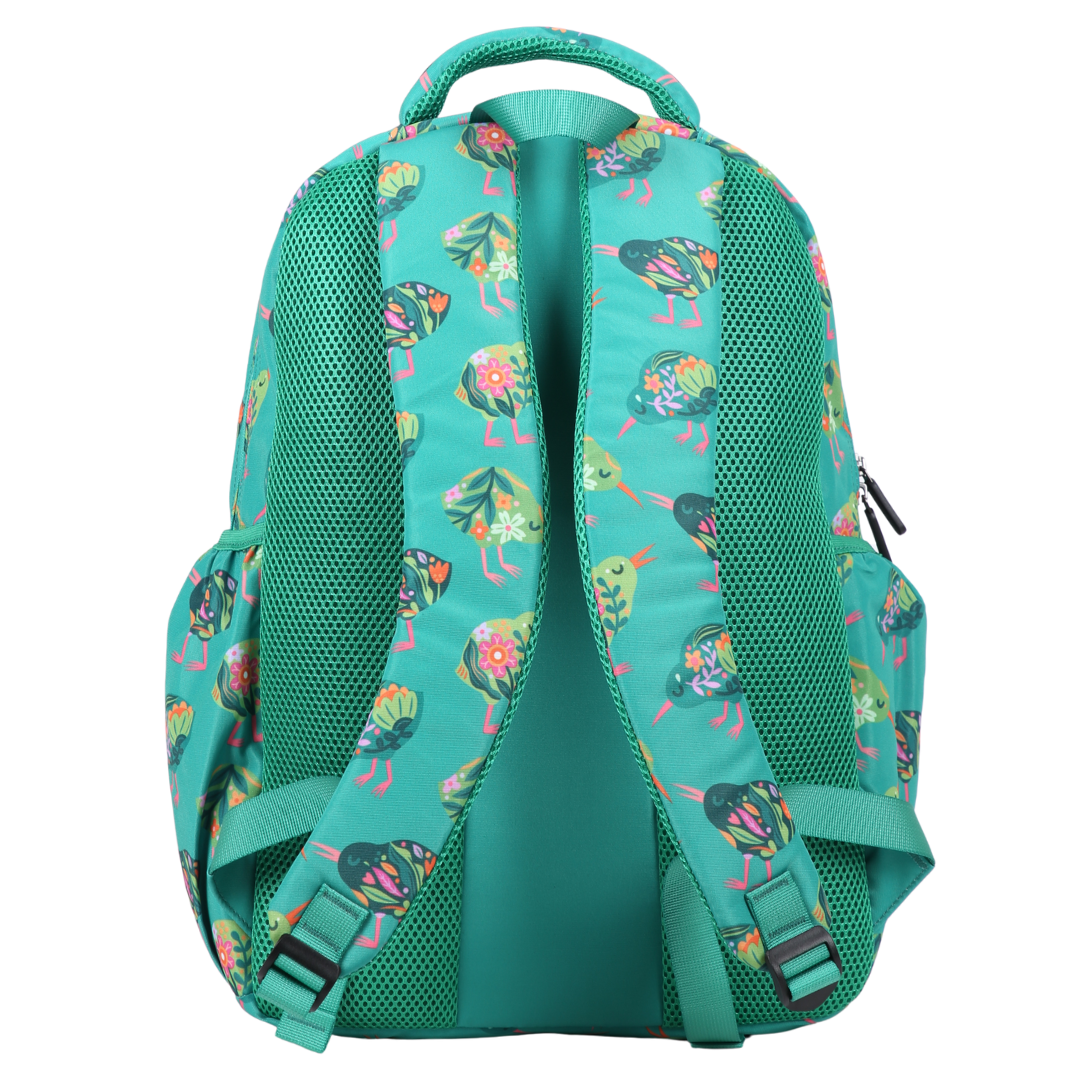 Teal backpack with colorful kiwi bird pattern on a white background