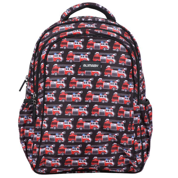 A midsize kids' backpack with a dark color and a firetruck theme. It features multiple compartments and a padded carry handle.