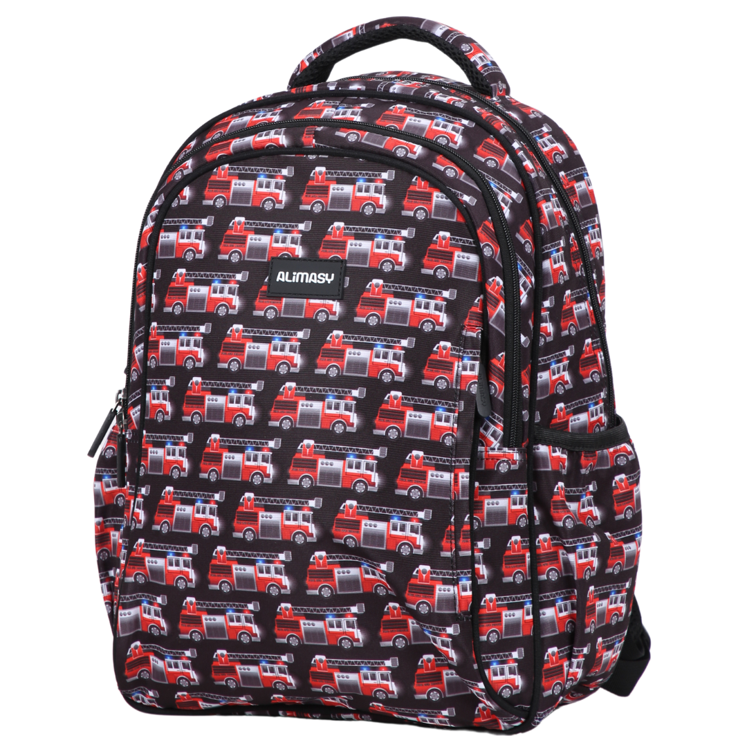 Firetrucks Midsize Kids Backpack front view lightweight waterproof kinder, preschool and primary school bag Australia NZ