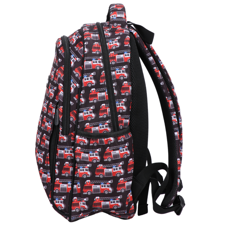 Firetrucks Midsize Kids Backpack side pocket elasticated for secure water bottle storage