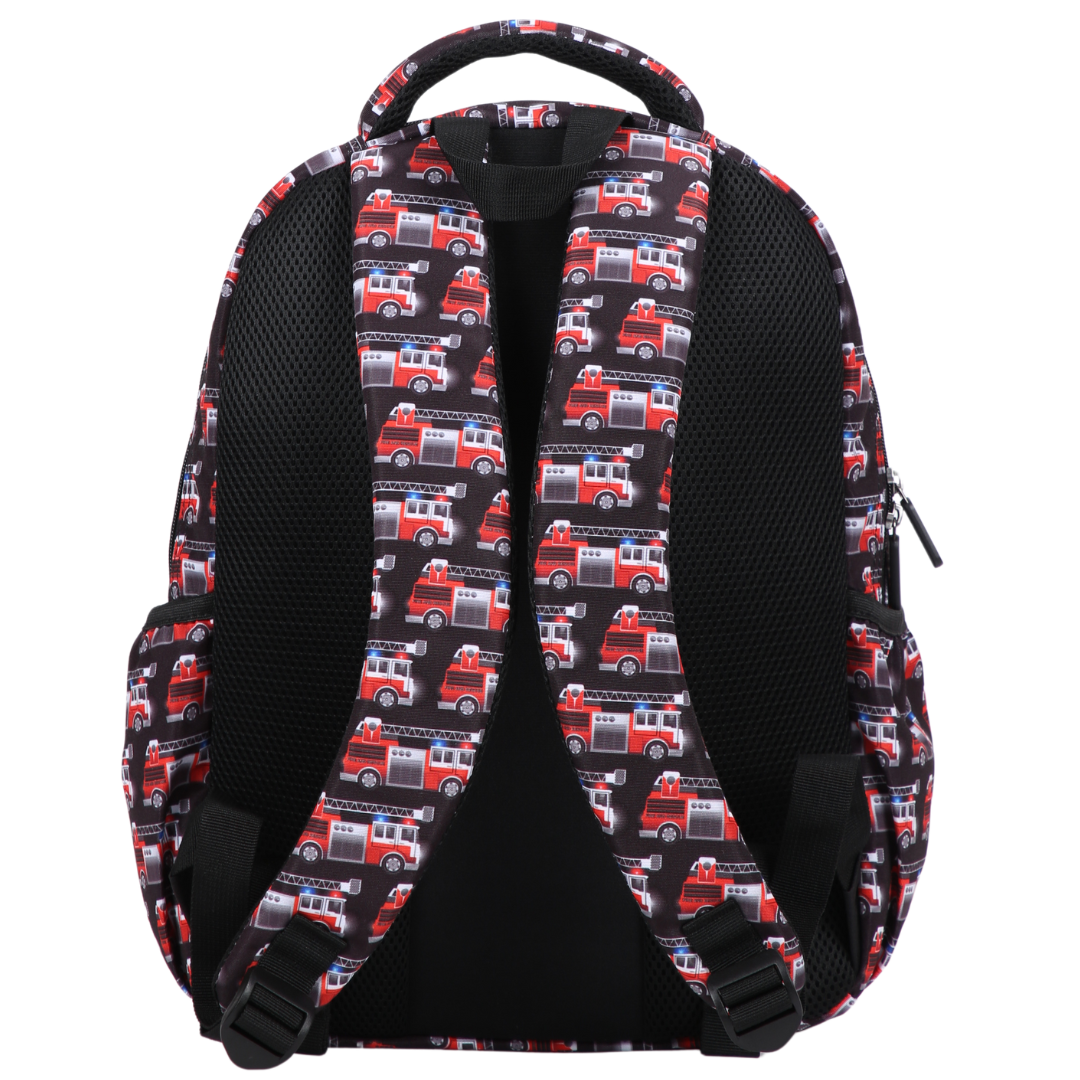 Firetrucks Midsize Kids Backpack back view ergonomic padded straps and back, comfortable waterproof kids school bag