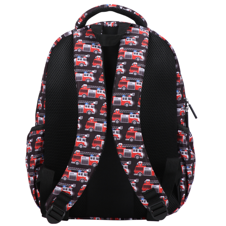 Firetrucks Midsize Kids Backpack back view ergonomic padded straps and back, comfortable waterproof kids school bag