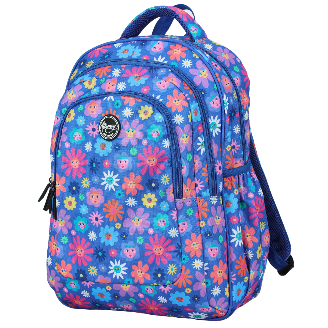 Angled view of Flower Friends Large School Backpack Lightweight yet strong with YKK zips