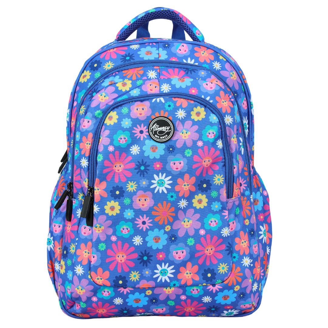 Front view of Blue Flower Friends Large School Backpack  Durable kids backpack with spacious compartments