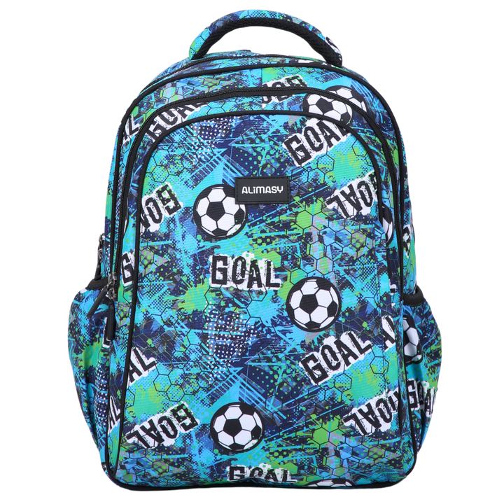 A midsize children's backpack with a football/soccer theme print, featuring multiple compartments and adjustable straps.