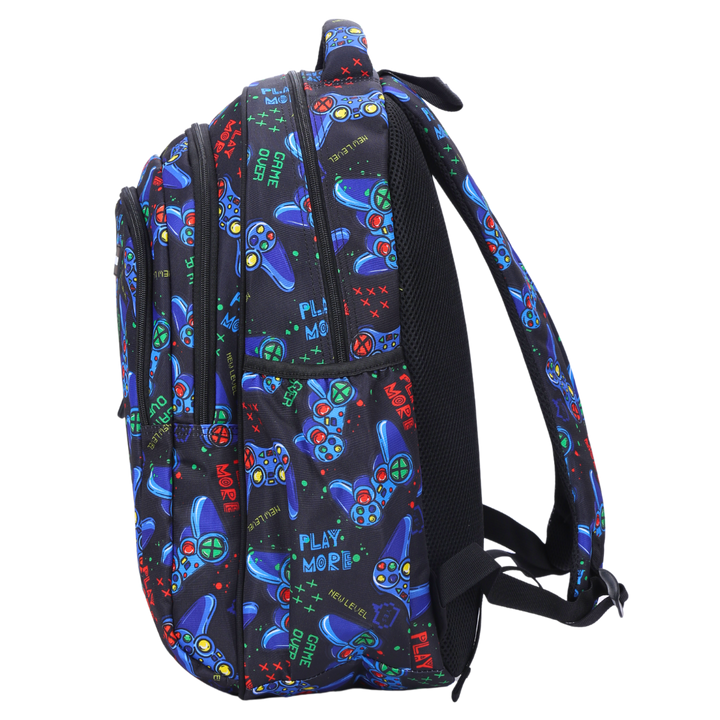 Side view of Gaming Large School Backpack Deep side pockets and multiple carry handles