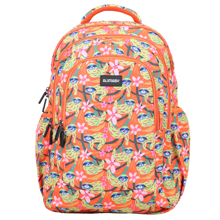 Front view of Green Sloths Large School Backpack Durable kids backpack with spacious compartments