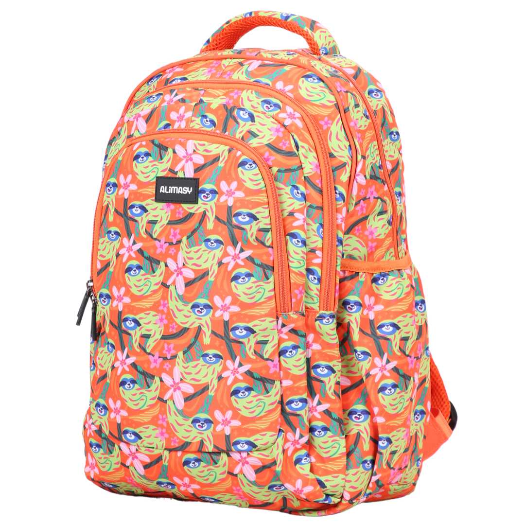 A large school backpack with a floral pattern featuring green leaves and orange flowers, with multiple compartments and a padded carry handle.