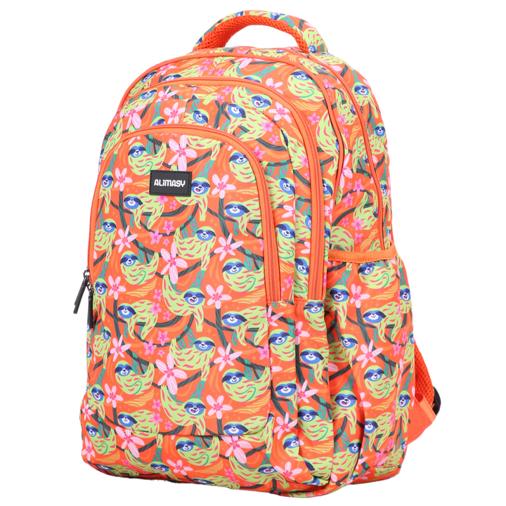 A large school backpack with a floral pattern featuring green leaves and orange flowers, with multiple compartments and a padded carry handle.
