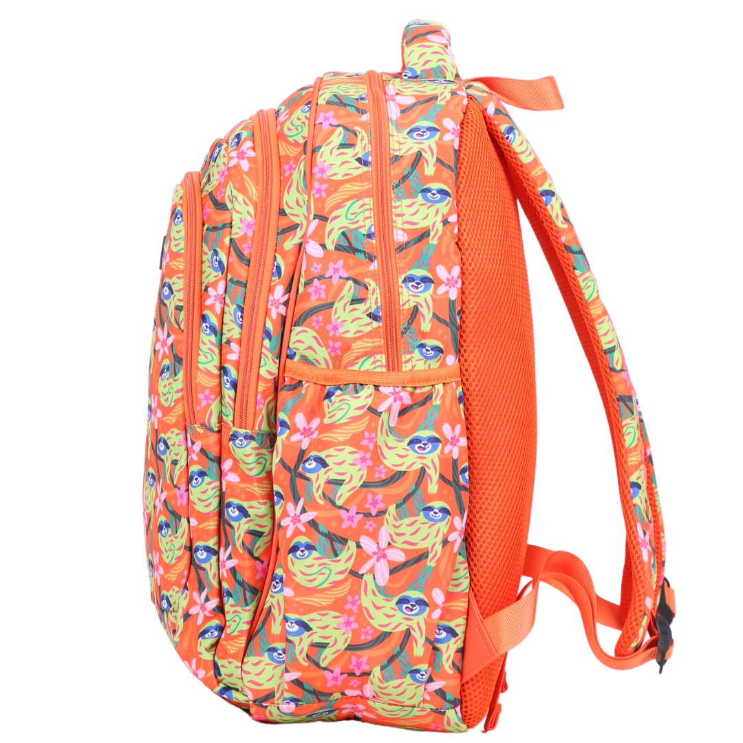 Side view of Green Sloths Large School Backpack Deep side pockets and multiple carry handles