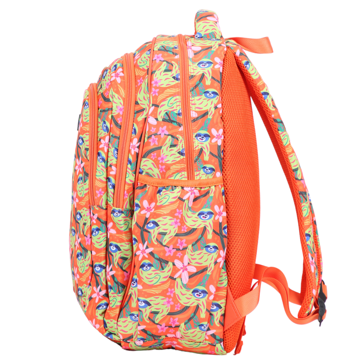 Side view of Green Sloths Large School Backpack Deep side pockets and multiple carry handles