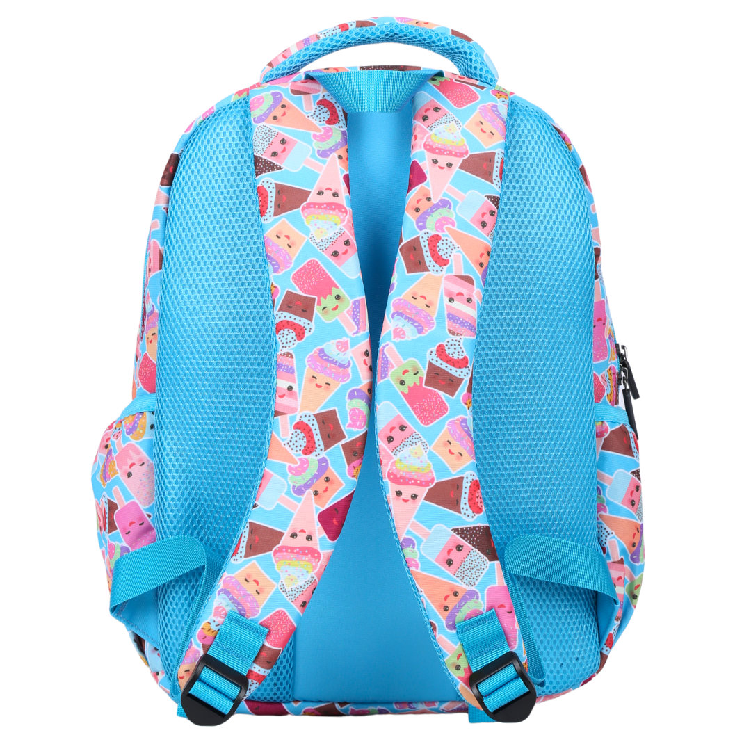Ice Cream Party Midsize Kids Backpack back view ergonomic padded straps and back, comfortable waterproof kids school bag