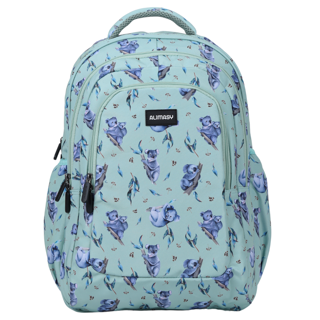 A large school backpack with a light green base color and a pattern of koalas and leaves in darker blue.
