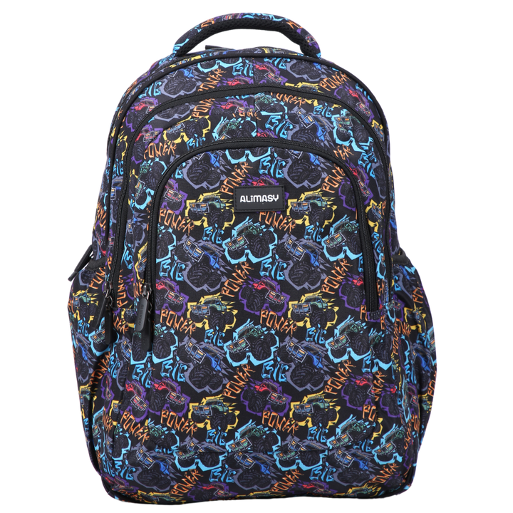 A large school backpack with a colorful monster truck print, featuring multiple compartments and a padded carry handle.