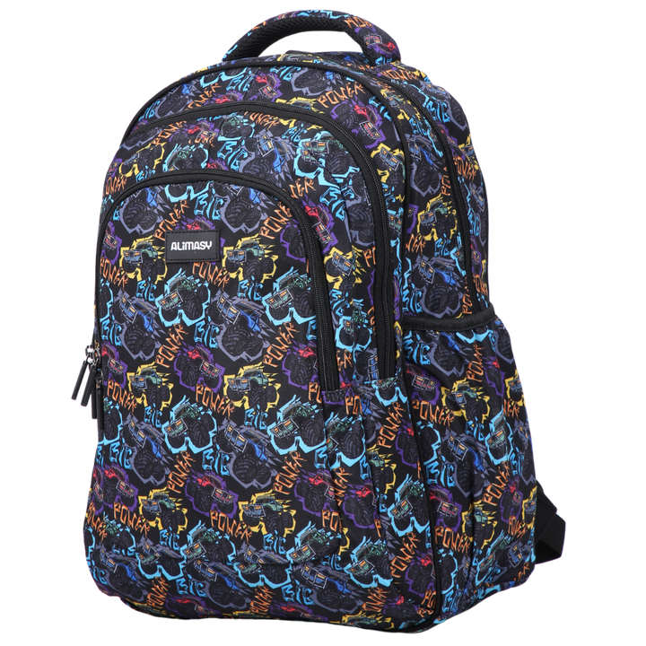 Angled view of Monster Truck Large School Backpack Lightweight yet strong with YKK zips