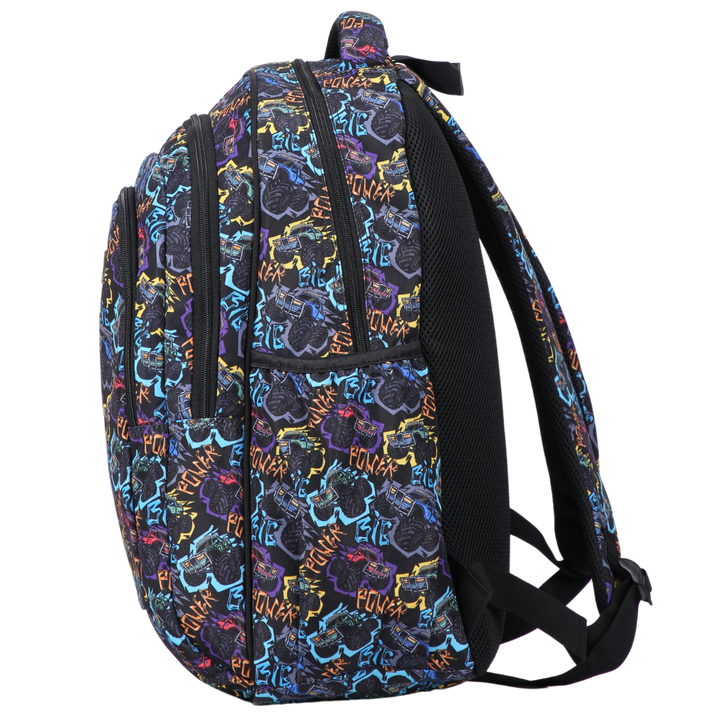 Side view of Monster Truck Large School Backpack  Deep side pockets and multiple carry handles