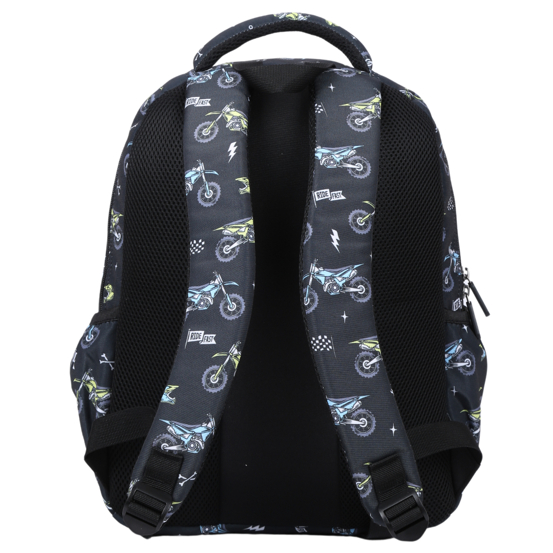 Motorcross Midsize Kids Backpack back view ergonomic padded straps and back, comfortable waterproof kids school bag
