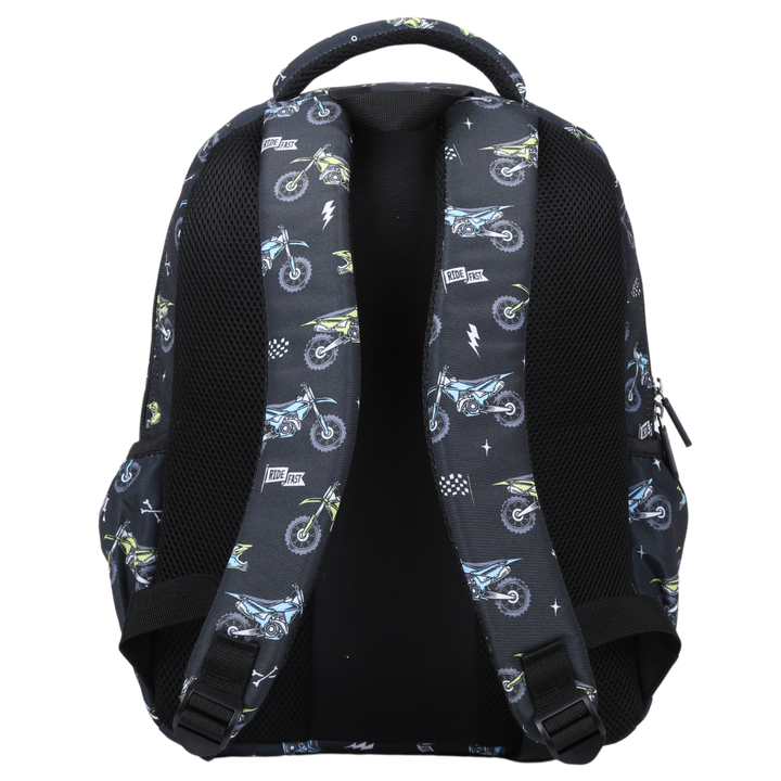 Motorcross Midsize Kids Backpack back view ergonomic padded straps and back, comfortable waterproof kids school bag