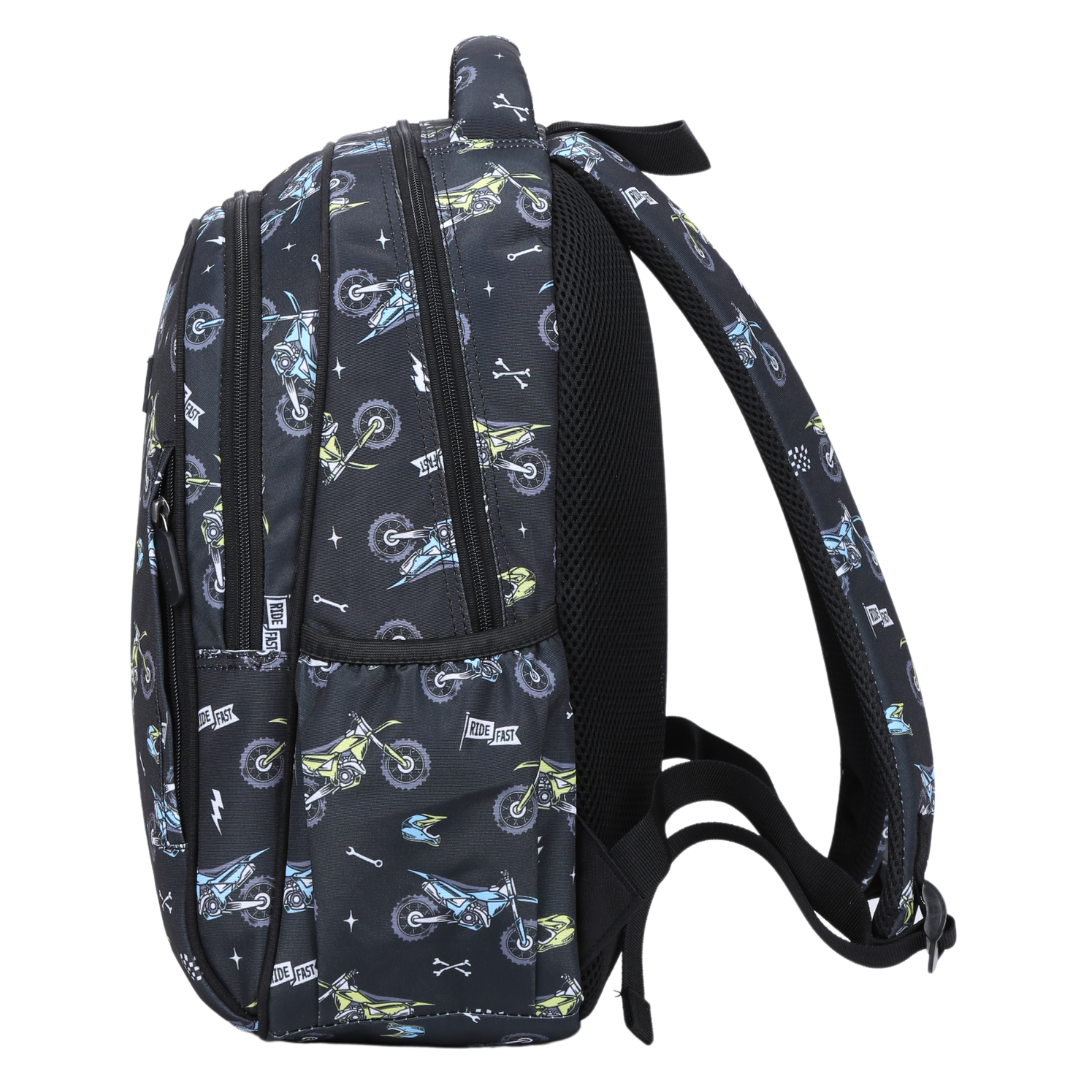 Motorcross Midsize Kids Backpack side pocket elasticated for secure water bottle storage
