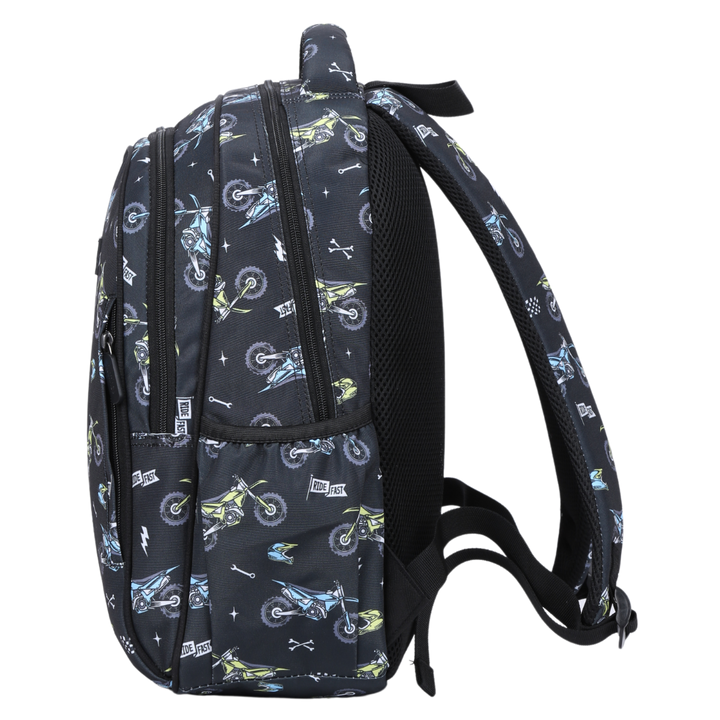 Motorcross Midsize Kids Backpack side pocket elasticated for secure water bottle storage