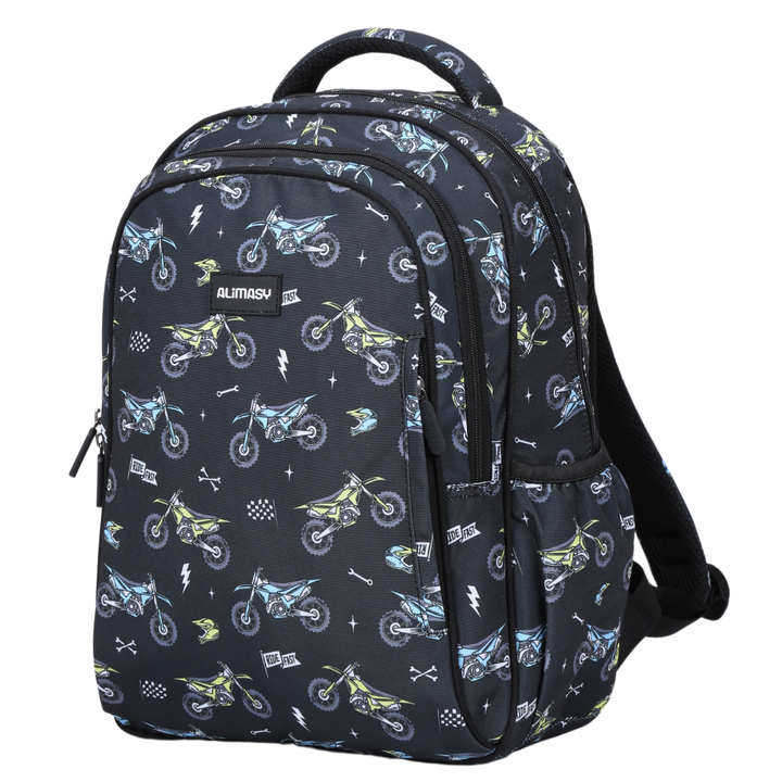 A midsize children's backpack with a motorcross theme print, featuring multiple compartments and adjustable straps.