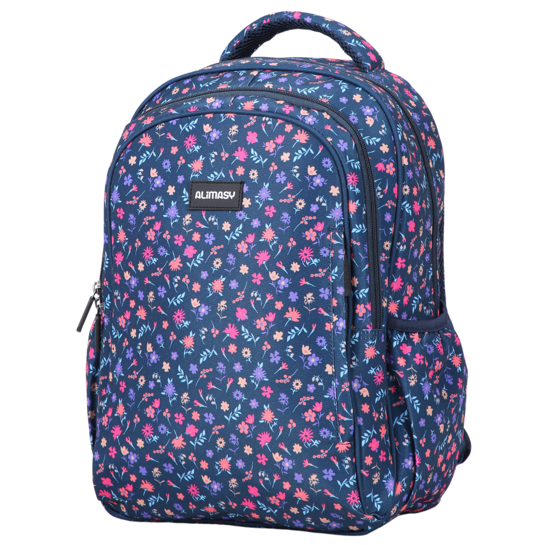 A navy blue kids' backpack with a floral pattern featuring pink and light purple flowers and leaves.