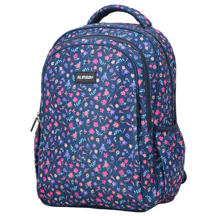A navy blue kids' backpack with a floral pattern featuring pink and light purple flowers and leaves.