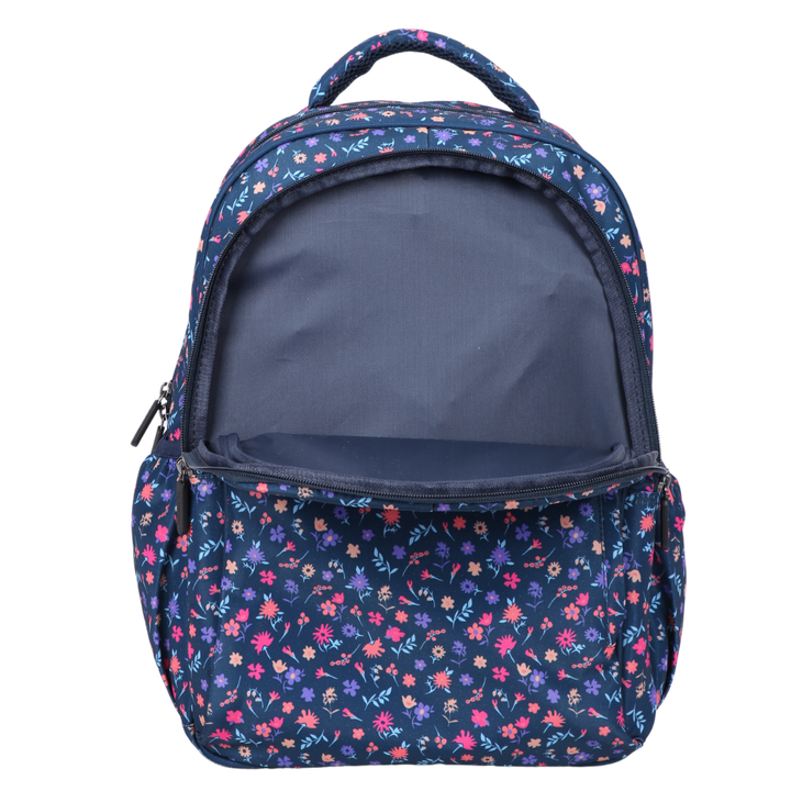 Ditsy Flowers Navy Midsize Kids Backpack inside view easy-clean waterproof interior lining, durable kids school bag
