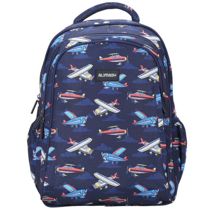 Navy Blue Midsize children's backpack with a planes theme print, featuring multiple compartments and adjustable straps.