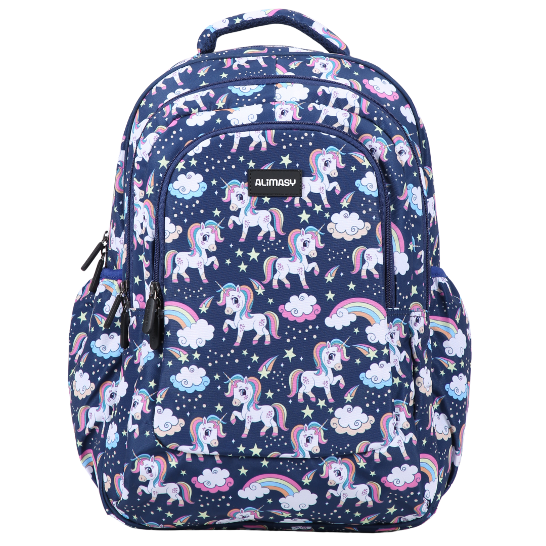 Blue Backpack with unicorn and rainbow pattern on a white background