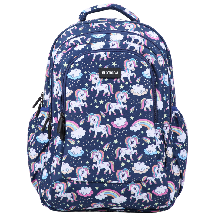 Blue Backpack with unicorn and rainbow pattern on a white background