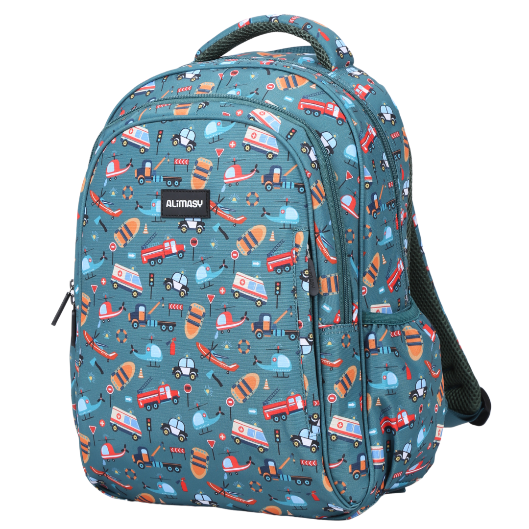 Children's backpack featuring a theme of emergency vehicles with multiple compartments and adjustable straps.