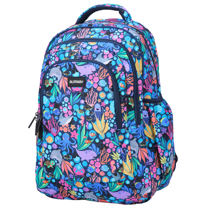 Angled view of Blue Sealife Large School Backpack Lightweight yet strong with YKK zips