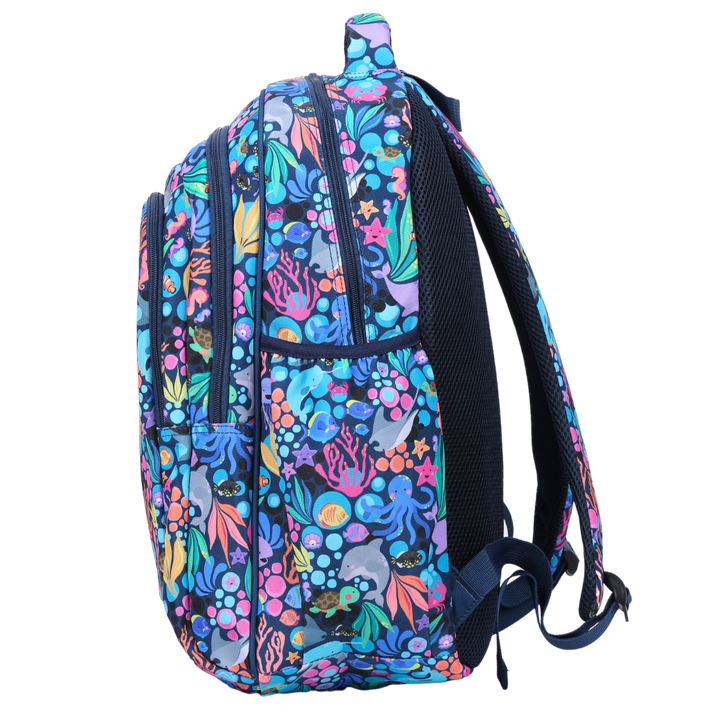 Side view of Sealife Large School Backpack Deep side pockets and multiple carry handles