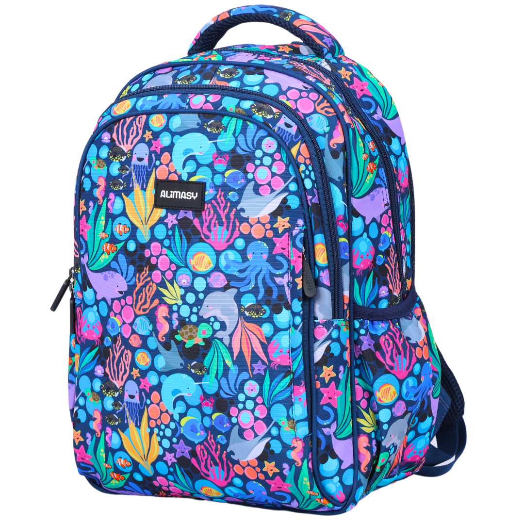 A midsize children's backpack with a colorful ocean print design, featuring multiple compartments and adjustable straps.