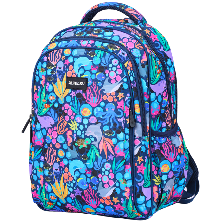 A midsize children's backpack with a colorful ocean print design, featuring multiple compartments and adjustable straps.