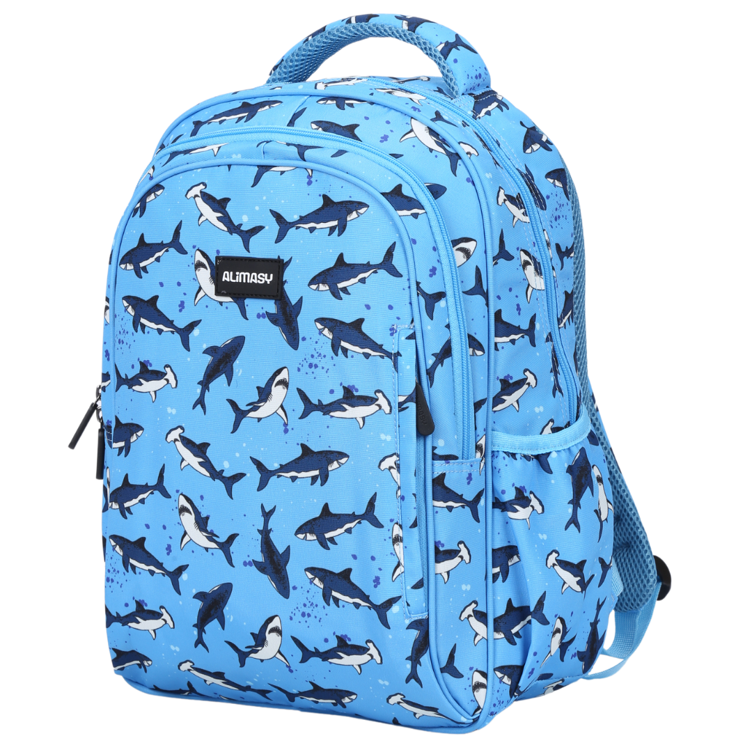 A midsize children's backpack with a bright blue sharks themed print, featuring multiple compartments and adjustable straps.