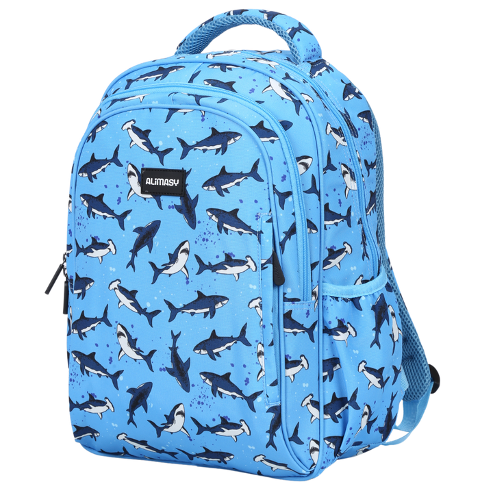 A midsize children's backpack with a bright blue sharks themed print, featuring multiple compartments and adjustable straps.