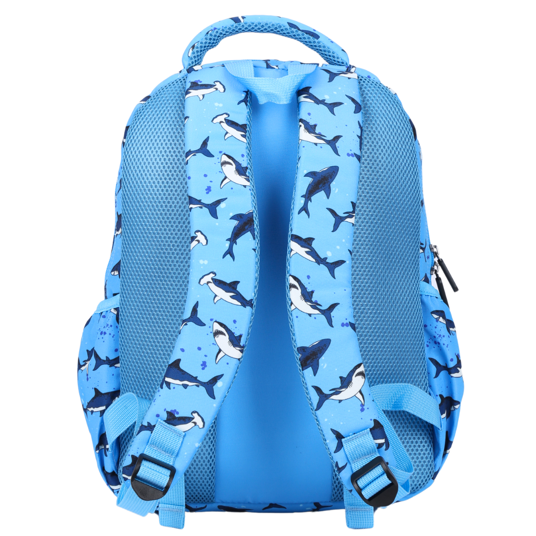 Sharks Midsize Kids Backpack back view ergonomic padded straps and back, comfortable waterproof kids school bag