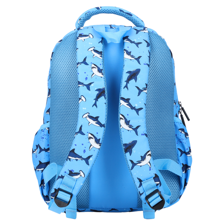 Sharks Midsize Kids Backpack back view ergonomic padded straps and back, comfortable waterproof kids school bag