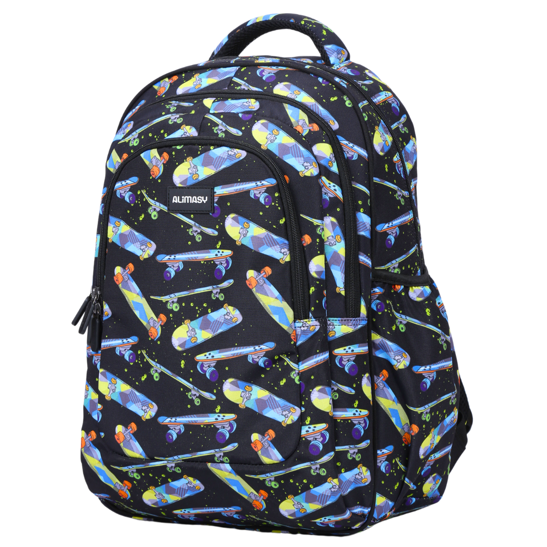 A large school backpack with a multicolor skateboard pattern, featuring multiple compartments, side pockets, and a padded carry handle.