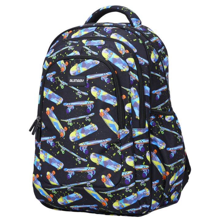 A large school backpack with a multicolor skateboard pattern, featuring multiple compartments, side pockets, and a padded carry handle.