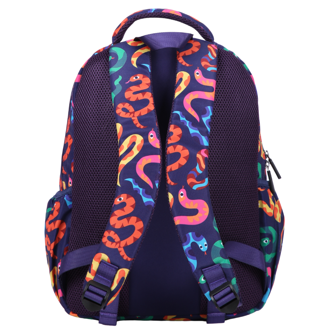 Bright Snakes Midsize Kids Backpack back view ergonomic padded straps and back, comfortable waterproof kids school bag