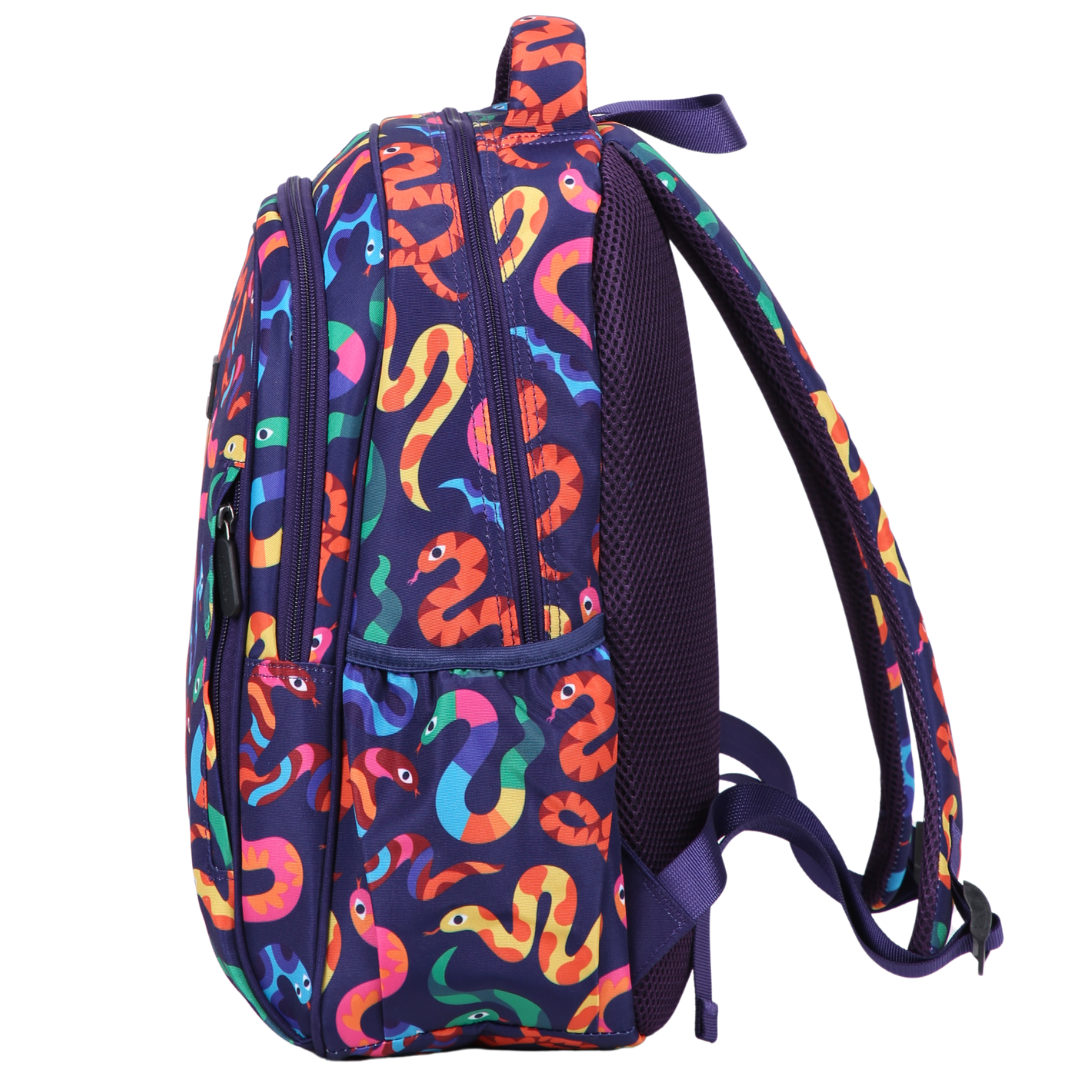 Bright Snakes Midsize Kids Backpack side pocket elasticated for secure water bottle storage