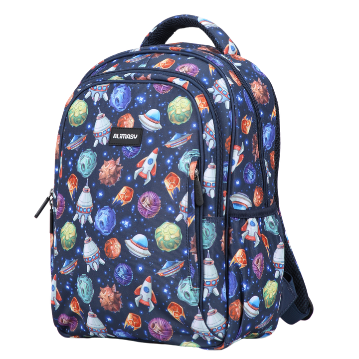 A midsize kids' backpack with a space-themed print, featuring planets and stars, in dark blue color with multiple compartments and padded straps.