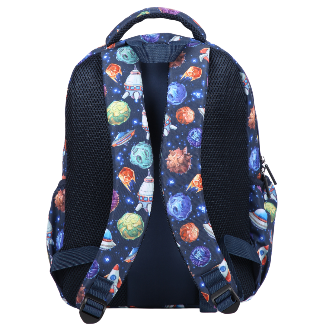 Space Midsize Kids Backpack back view ergonomic padded straps and back, comfortable waterproof kids school bag