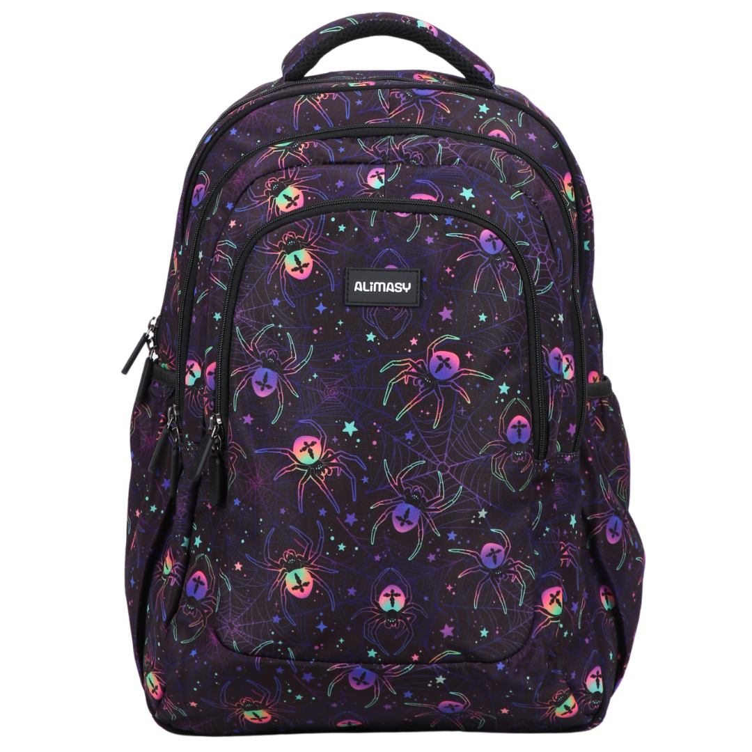 A large school backpack with a dark blue base color and a pattern of multicolored spiders and stars.