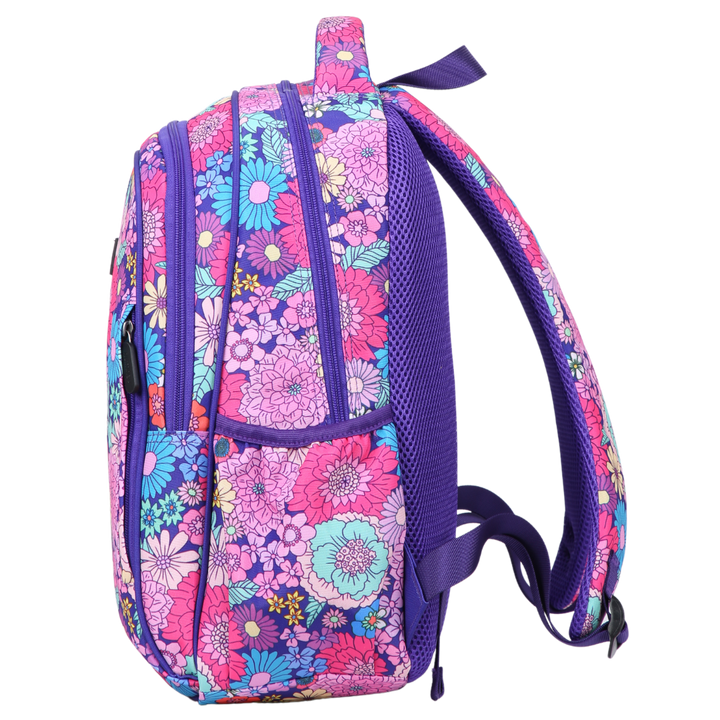 Summer Flowers Midsize Kids Backpack side pocket elasticated for secure water bottle storage