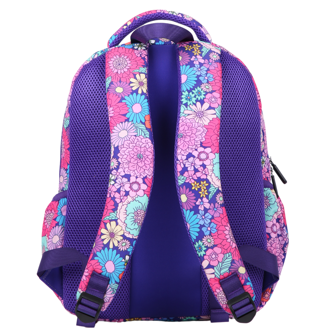 Summer Flowers Midsize Kids Backpack back view ergonomic padded straps and back, comfortable waterproof kids school bag